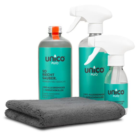 unicopuro® Allesreiniger Starter-Set Zarte Mandarine – 500 ml Konzentrat = 5 L – inkl. 500 ml & 100 ml Sprühflaschen + Soft-Touch Microfasertuch – biologisch abbaubar, Geruchskiller, in 7 Düften