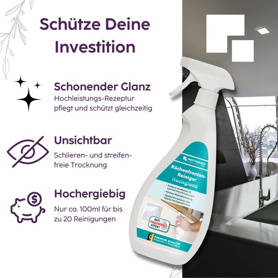 HOTREGA Küchenfronten Reiniger Hochglanz 750ml | fettlösend, streifenfrei | Für lackierte, folierte & glänzende Oberflächen | inkl. 2 Microfasertücher