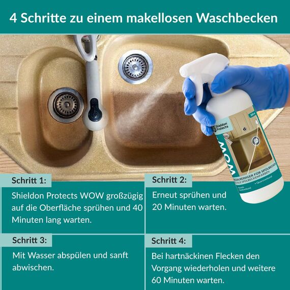 Shieldon Protects WOW – Kraftvoller Reiniger für Granitverbund-, Keramik- und Quarzspülen – Entfernt Flecken wie Kaffee, Tee, Wein & Saft – Für Silgranit, Fragranit & Blanco geeignet