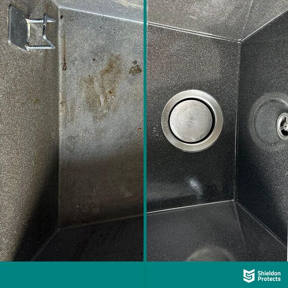 Shieldon Protects 2er Set Reiniger (250 ml) & Imprägnat (200 ml) für Granitspülen - mit Schwämme und Mikrofasertuch - Reinigung & Wasserabweisende Imprägnierung für Granit Blanco Silgranit Spüle