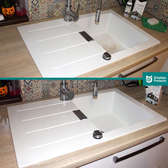 Shieldon Protects WOW – Kraftvoller Reiniger für Granitverbund-, Keramik- und Quarzspülen – Entfernt Flecken wie Kaffee, Tee, Wein & Saft – Für Silgranit, Fragranit & Blanco geeignet