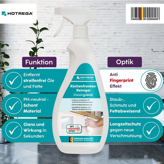 HOTREGA Küchenfronten Reiniger Hochglanz 2250 ml | pH-neutral, fettlösend & streifenfrei | Für lackierte, folierte & glänzende Oberflächen