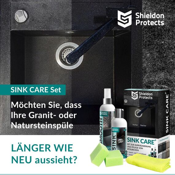 Shieldon Protects 2er Set Reiniger (250 ml) & Imprägnat (200 ml) für Granitspülen - mit Schwämme und Mikrofasertuch - Reinigung & Wasserabweisende Imprägnierung für Granit Blanco Silgranit Spüle