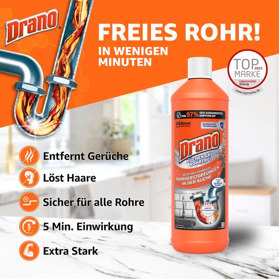 Drano Küchen-Gel Rohrfrei Abflussreiniger, Rohrreiniger für die Küche, entfernt Verstopfungen, 1000 ml
