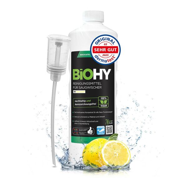 BiOHY Reinigungsmittel für Saugwischer mit Frischeduft (1l Flasche) + Dosierer | 1:200 Konzentrat für alle Nass-Trockensauger | ideal für Fliesen, PVC, Parkett, Laminat & Teppich | streifenfreier