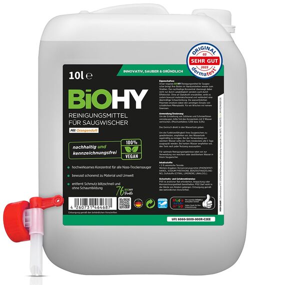 BiOHY Reinigungsmittel für Saugwischer mit Orangenduft (10 Liter Kanister) + Auslaufhahn | 1:200 Konzentrat für alle Nass-Trockensauger | ideal für Fliesen, PVC, Parkett, Laminat & Teppich