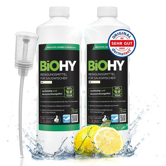 BiOHY Reinigungsmittel für Saugwischer mit Frischeduft (2 x 1 liter) + Dosierer | 1:200 Konzentrat für alle Nass-Trockensauger | ideal für Fliesen, PVC, Parkett, Laminat & Teppich | streifenfreier