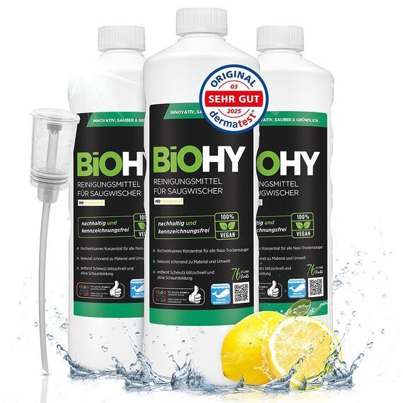 BiOHY Reinigungsmittel für Saugwischer mit Frischeduft (3 x 1 Liter) + Dosierer | 1:200 Konzentrat für alle Nass-Trockensauger | ideal für Fliesen, PVC, Parkett, Laminat & Teppich | streifenfreier