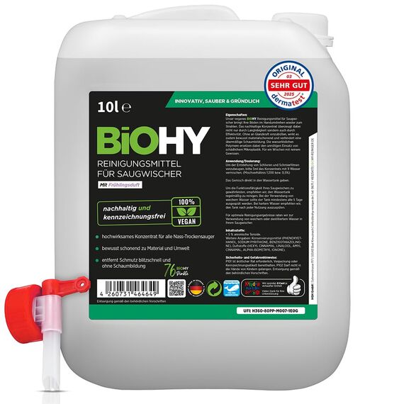 BiOHY Reinigungsmittel für Saugwischer mit Frühlingsduft (10 Liter Kanister) + Auslaufhahn | 1:200 Konzentrat für alle Nass-Trockensauger | ideal für Fliesen, PVC, Parkett, Laminat & Teppich