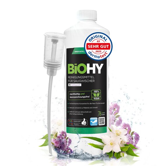 BiOHY Reinigungsmittel für Saugwischer mit Frühlingsduft (1l Flasche) + Dosierer | 1:200 Konzentrat für alle Nass-Trockensauger | ideal für Fliesen, PVC, Parkett, Laminat & Teppich | streifenfrei