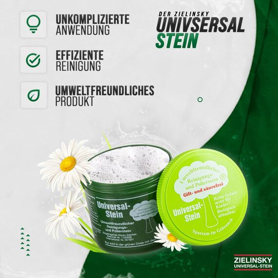 Zielinsky Universal-Stein, grüner Stein, Putzstein, Reinigungsstein - Haushaltsdose, 1er Pack (1 x 900 g + 2 gratis spezial Schwämme)