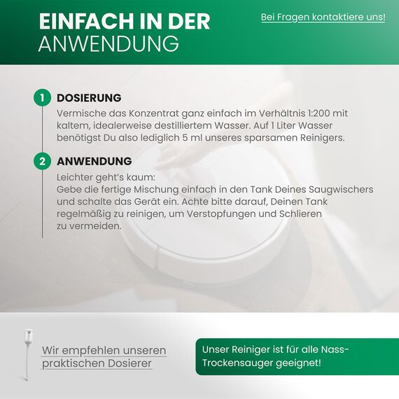BiOHY Reinigungsmittel für Saugwischer mit Frischeduft (1l Flasche) + Dosierer | 1:200 Konzentrat für alle Nass-Trockensauger | ideal für Fliesen, PVC, Parkett, Laminat & Teppich | streifenfreier