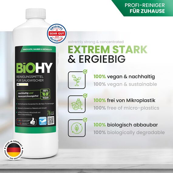 BiOHY Reinigungsmittel für Saugwischer mit Frischeduft (6 x 1 Liter) + Dosierer | 1:200 Konzentrat für alle Nass-Trockensauger | ideal für Fliesen, PVC, Parkett, Laminat & Teppich | streifenfreier