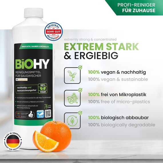 BiOHY Reinigungsmittel für Saugwischer mit Orangenduft (9 x 1 Liter) | 1:200 Konzentrat für alle Nass-Trockensauger | ideal für Fliesen, PVC, Parkett, Laminat & Teppich | streifenfreier Glanz