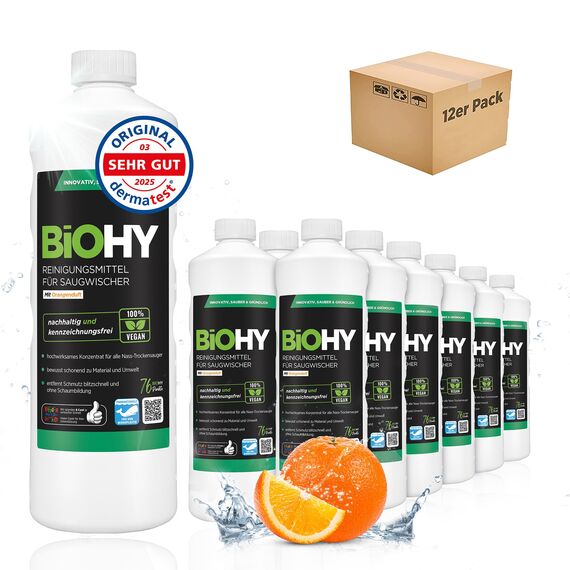 BiOHY Reinigungsmittel für Saugwischer mit Orangenduft (12 x 1 Liter) | 1:200 Konzentrat für alle Nass-Trockensauger | ideal für Fliesen, PVC, Parkett, Laminat & Teppich | streifenfreier Glanz