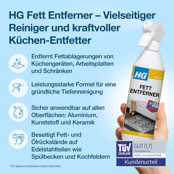 HG Küchen Entfetter, starker Küchenfettlöser, entfernt Fett & Öl mühelos von allen Oberflächen, vielseitig einsetzbar - 500 ml