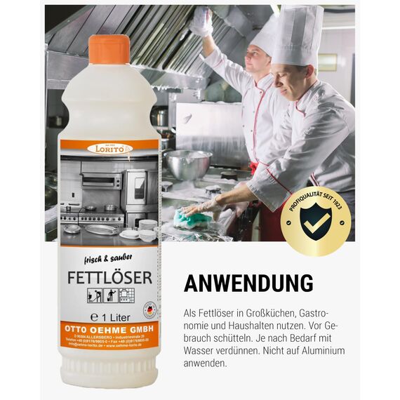Lorito Fettlöser Küche Gastronomie, 1 Liter Konzentrat, Küchenreiniger Fettlöser für starke Verschmutzungen an Dunstabzugshaube, Grill, Backofen und Fliesen