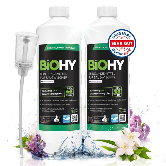 BiOHY Reinigungsmittel für Saugwischer mit Frühlingsduft (2 x 1 liter) + Dosierer | 1:200 Konzentrat für alle Nass-Trockensauger | ideal für Fliesen, PVC, Parkett, Laminat & Teppich | streifenfrei
