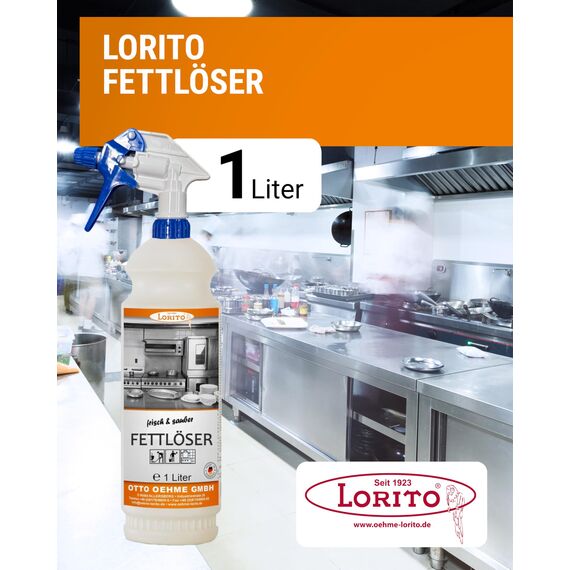 Lorito Fettlöser Küche & Gastronomie 1L mit Sprühaufsatz - Kraftvoller Küchenreiniger gegen starke Verschmutzungen an Dunstabzugshaube, Grill, Backofen & Fliesen