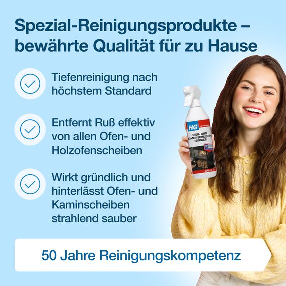 HG Ofenglasreiniger-Spray – Wirksamer Reiniger für Kamine, Öfen und Feuerstellen gegen Ruß, Teer und Fett – 500 ml