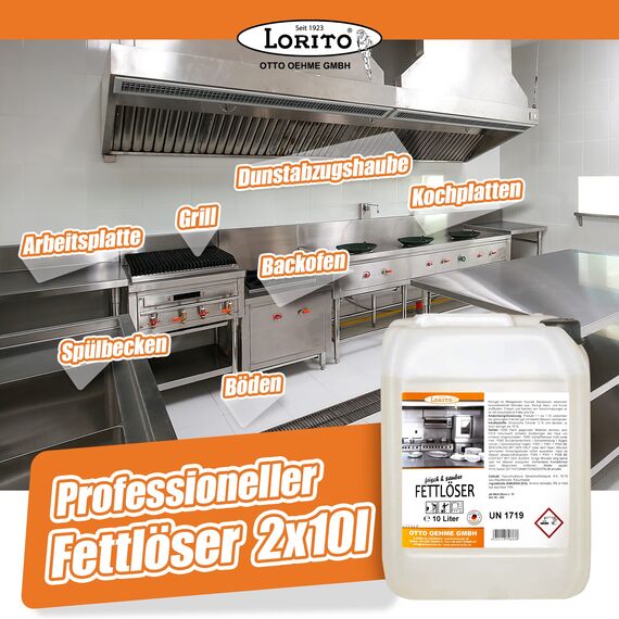 Lorito Profi-Fettlöser stark für Gastronomie & Küche 2x 10 Liter, Küchen-Reiniger Konzentrat für Dunstabzugshaube, Grill, Backofen und Fliesen