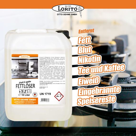Lorito Profi-Fettlöser stark für Gastronomie & Küche 2x 10 Liter, Küchen-Reiniger Konzentrat für Dunstabzugshaube, Grill, Backofen und Fliesen