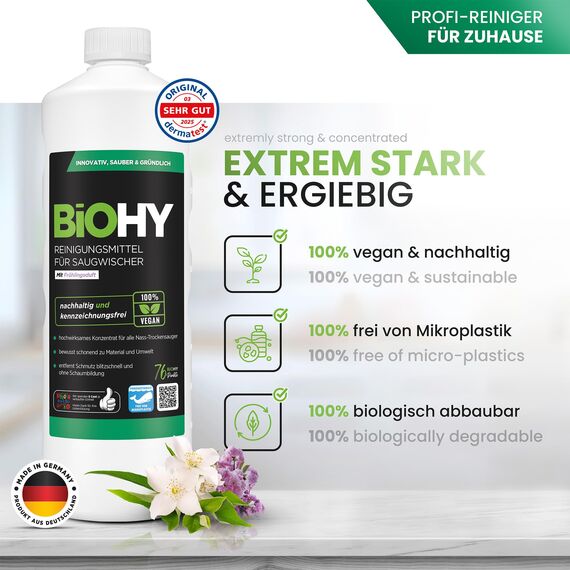 BiOHY Reinigungsmittel für Saugwischer mit Frühlingsduft (2 x 1 liter) + Dosierer | 1:200 Konzentrat für alle Nass-Trockensauger | ideal für Fliesen, PVC, Parkett, Laminat & Teppich | streifenfrei