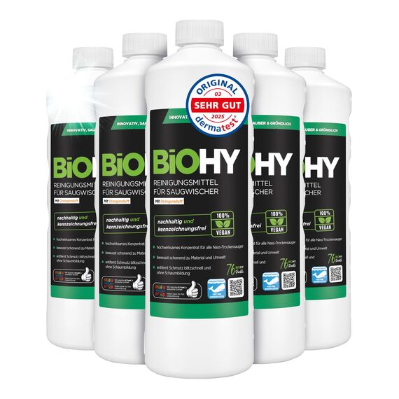 BiOHY Reinigungsmittel für Saugwischer mit Orangenduft (6 x 1 Liter) | 1:200 Konzentrat für alle Nass-Trockensauger | ideal für Fliesen, PVC, Parkett, Laminat & Teppich | streifenfreier Glanz