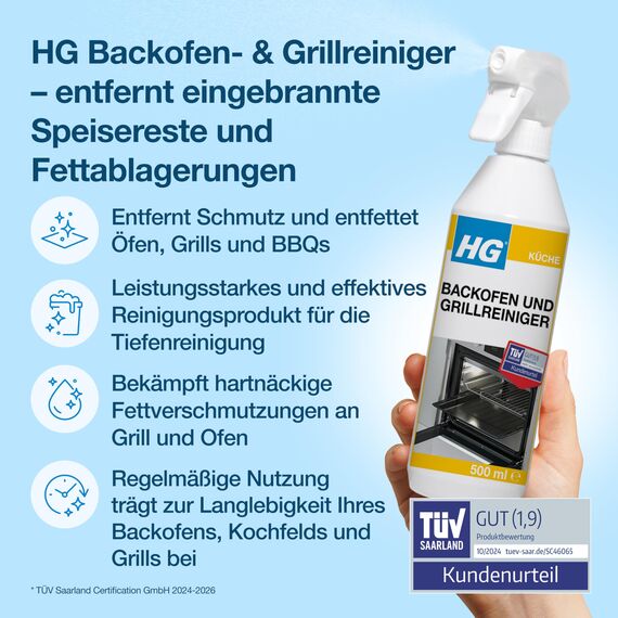 HG Ofen-, Grill- & Barbecue-Reinigungsspray, entfernt schnell angebrannte Speisereste & eingebranntes Fett für Küche & Außenbereich - 500 ml