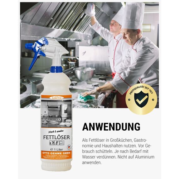 Lorito Fettlöser Küche & Gastronomie 1L mit Sprühaufsatz - Kraftvoller Küchenreiniger gegen starke Verschmutzungen an Dunstabzugshaube, Grill, Backofen & Fliesen