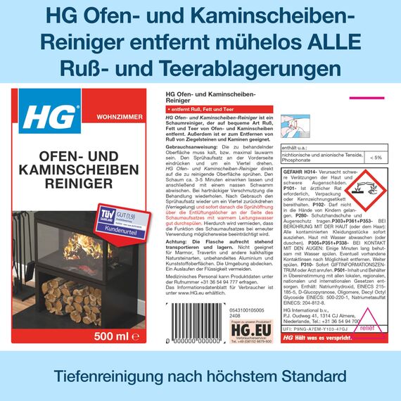 HG Ofenglasreiniger-Spray – Wirksamer Reiniger für Kamine, Öfen und Feuerstellen gegen Ruß, Teer und Fett – 500 ml