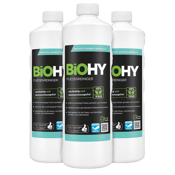 BiOHY Fliesenreiniger (3x1l Flasche) | speziell entwickelt für Stein- & Fliesenböden | hinterlässt eine schmutzabweisende Glanzschicht | entfernt jegliche Art von Schmutz mühelos