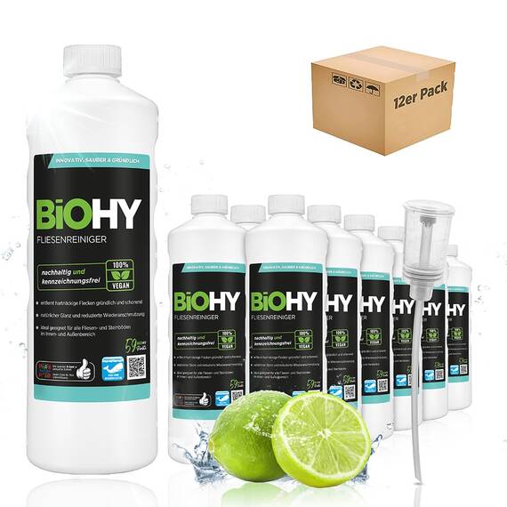 BiOHY Fliesenreiniger (12x1l Flasche) + Dosierer | speziell entwickelt für Stein- & Fliesenböden | hinterlässt eine schmutzabweisende Glanzschicht | entfernt jegliche Art von Schmutz mühelos
