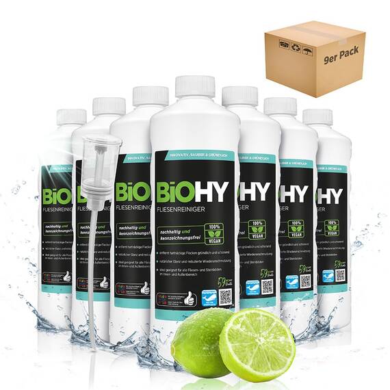 BiOHY Fliesenreiniger (9x1l Flasche) + Dosierer | speziell entwickelt für Stein- & Fliesenböden | hinterlässt eine schmutzabweisende Glanzschicht | entfernt jegliche Art von Schmutz mühelos