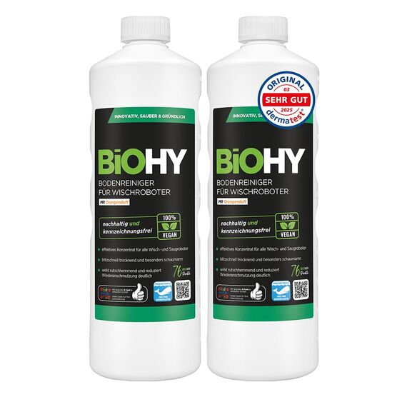 BiOHY Bodenreiniger für alle Wischroboter mit Orangenduft (2 x 1 liter) | Schaumarm & Streifenfrei | Reinigungsmittel Konzentrat für alle Böden