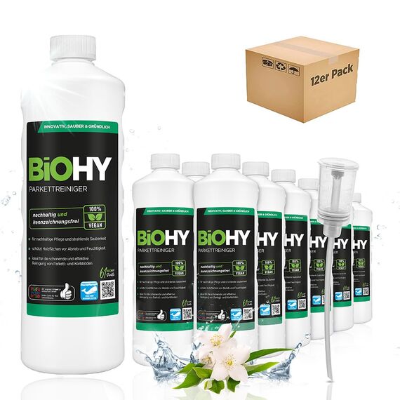 BiOHY Parkettreiniger (12 x 1 Liter) + Dosierer | Konzentrat für versiegeltes & geöltes Parkett | materialschonend & schmutzlösend | für eine streifenfreie Reinigung | 2 in 1 Pflege & Reinigungsmittel