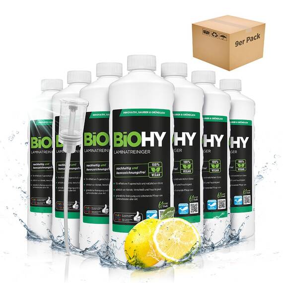 BiOHY Laminatreiniger (9 x 1 Liter) + Dosierer | 2 in 1 Laminatpflege & Reinigungsmittel | reinigt gründlich, schonend & reduziert Wiederverschmutzung | für eine streifenfreie Reinigung