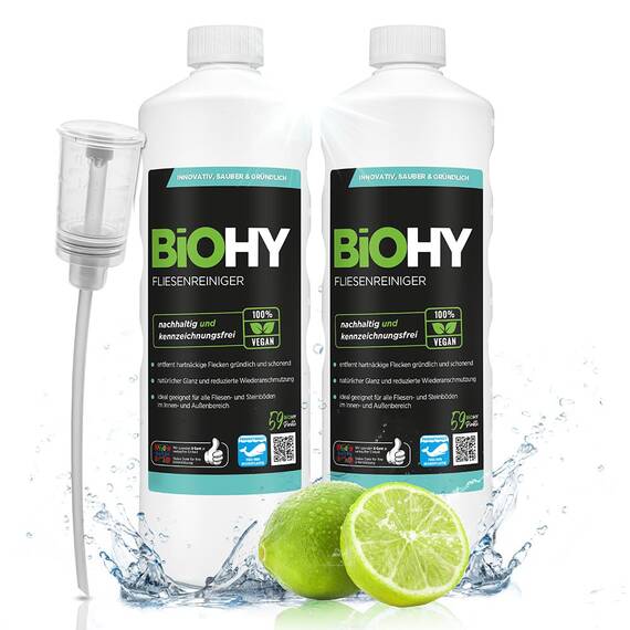 BiOHY Fliesenreiniger (2x1l Flasche) + Dosierer | speziell entwickelt für Stein- & Fliesenböden | hinterlässt eine schmutzabweisende Glanzschicht | entfernt jegliche Art von Schmutz mühelos
