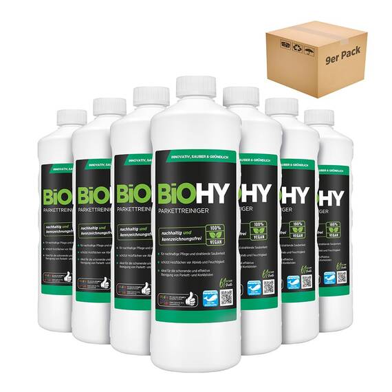 BiOHY Parkettreiniger (9 x 1 Liter) | Konzentrat für versiegeltes & geöltes Parkett | materialschonend & schmutzlösend | für eine streifenfreie Reinigung | 2 in 1 Pflege & Reinigungsmittel