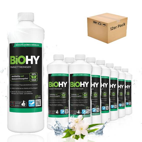 BiOHY Parkettreiniger (12 x 1 Liter) | Konzentrat für versiegeltes & geöltes Parkett | materialschonend & schmutzlösend | für eine streifenfreie Reinigung | 2 in 1 Pflege & Reinigungsmittel