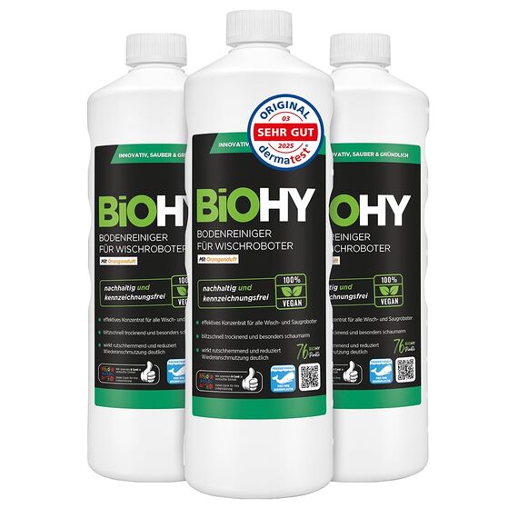 BiOHY Bodenreiniger für alle Wischroboter mit Orangenduft (3 x 1 Liter) | Schaumarm & Streifenfrei | Reinigungsmittel Konzentrat für alle Böden