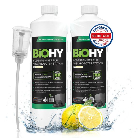 BiOHY Bodenreiniger für Wischroboter Station mit Frischeduft (2 x 1 liter) + Dosierer | Reinigungsmittel Konzentrat für alle Wisch & Saugroboter mit Nass-Funktion | Schaumarm & Streifenfrei