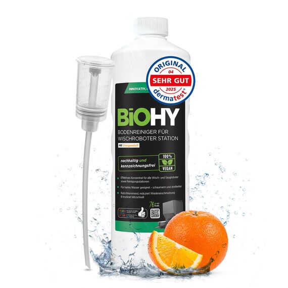 BiOHY Bodenreiniger für Wischroboter Station mit Orangenduft (1l Flasche) + Dosierer | Reinigungsmittel Konzentrat für alle Wisch & Saugroboter mit Nass-Funktion | Schaumarm & Streifenfrei