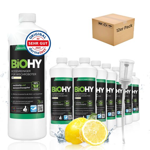 BiOHY Bodenreiniger für Wischroboter (12 x 1 Liter) + Dosierer | Reinigungsmittel Konzentrat für alle Wisch & Saugroboter mit Nass-Funktion | Schaumarm & Streifenfrei | Für alle Böden