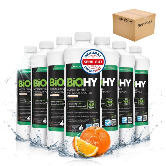 BiOHY Bodenreiniger für alle Wischroboter mit Orangenduft (9 x 1 Liter) | Schaumarm & Streifenfrei | Reinigungsmittel Konzentrat für alle Böden