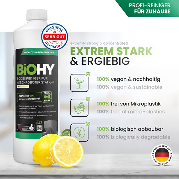 BiOHY Bodenreiniger für Wischroboter Station mit Frischeduft (2 x 1 liter) + Dosierer | Reinigungsmittel Konzentrat für alle Wisch & Saugroboter mit Nass-Funktion | Schaumarm & Streifenfrei