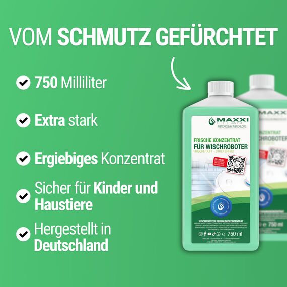 Maxxi Clean | 2x 750 ml Bodenreiniger mit Frische-Duft | geeignet für alle Wischroboter | Universal Reiniger Konzentrat | Wischflüssigkeit für Boden, Parkett, Fliesen | Saugwischer-Reinigungsmittel