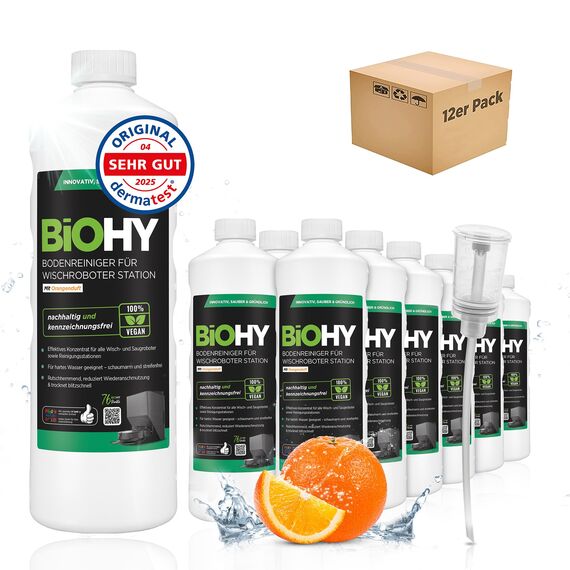 BiOHY Bodenreiniger für Wischroboter Station mit Orangenduft (12 x 1 Liter) + Dosierer | Reinigungsmittel Konzentrat für alle Wisch & Saugroboter mit Nass-Funktion | Schaumarm & Streifenfrei