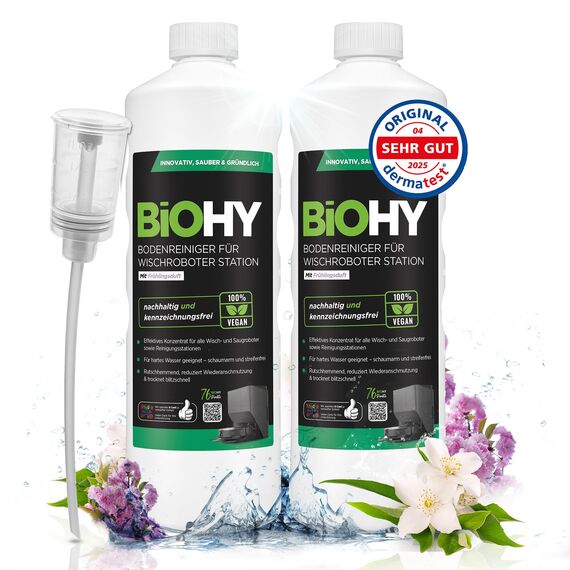BiOHY Bodenreiniger für Wischroboter Station mit Frühlingsduft (2 x 1 liter) + Dosierer | Reinigungsmittel Konzentrat für alle Wisch & Saugroboter mit Nass-Funktion | Schaumarm & Streifenfrei
