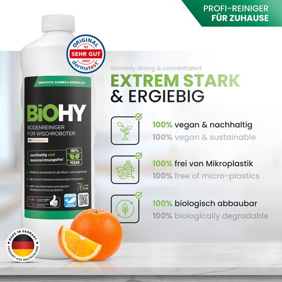 BiOHY Bodenreiniger für alle Wischroboter mit Orangenduft (10 Liter Kanister) + Auslaufhahn | Schaumarm & Streifenfrei | Reinigungsmittel Konzentrat für alle Böden